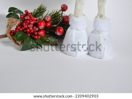 Christmas fir branch and plush boots on a white background. New Year.