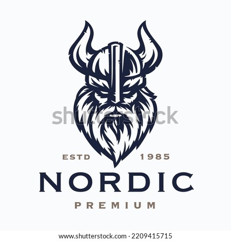 Nordic viking logo. Norse warrior symbol. Fierce horned barbarian helmet icon. Norseman Odin emblem. Vector illustration. Royalty-Free Stock Photo #2209415715