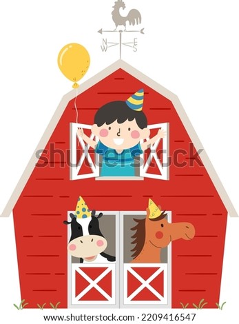 Illustration of Kid Boy Holding Balloon Wearing Hat with Cow and Horse in Farm Barn Windows Celebrating Birthday on Petting Zoo