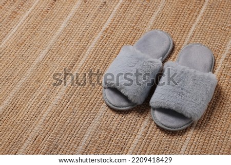 Soft fluffy grey slippers on carpet, space for text Royalty-Free Stock Photo #2209418429
