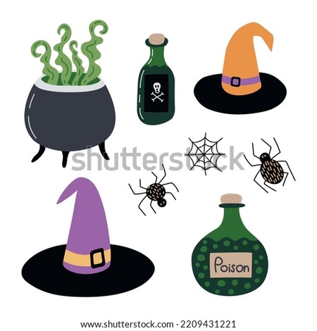 Vector Halloween set with witch hat, spiders and potion. Flat Halloween clip art set
