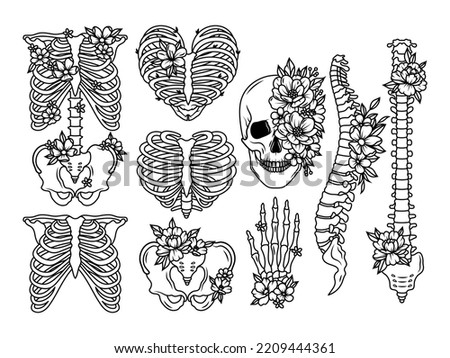 Set of skeleton with flowers. Collection of people bones with floral wreath. Human anatomy. Vector illustration isolated on white background.