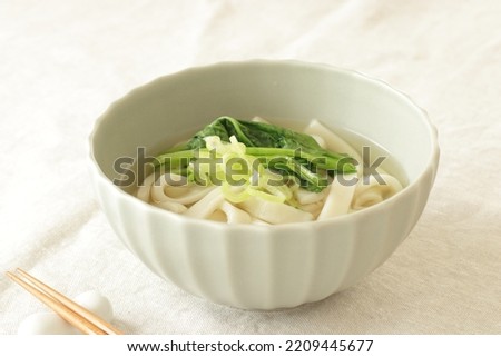Japanese food, spinach and scallion in Kishimen Udon noodles for healthy regional comfort food image Royalty-Free Stock Photo #2209445677