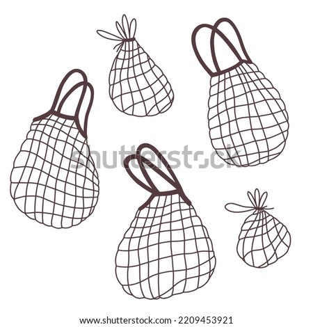 Set of reusable grocery shopping bags. String mesh cotton eco-bag.  Plastic free concept. zero waste concept, eco life. Local market concept. Hand drawn  design elements.  Isolated on white background