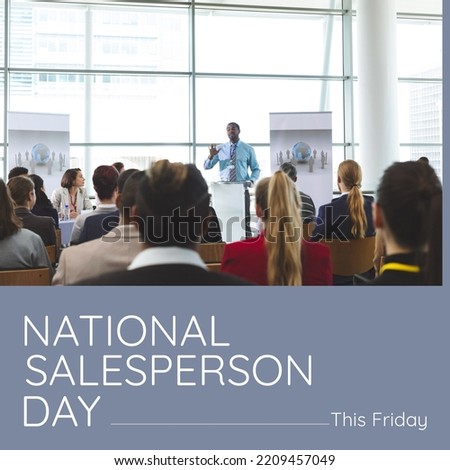 Image of national salesperson day and group of diverse people during trading conference. Business, trade, commerce and celebration concept.