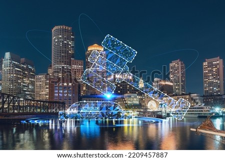 City view panorama of Boston Harbor and Seaport Blvd at night time, Massachusetts. Financial downtown. Glowing hologram legal icons. The concept of law, order, regulations and digital justice.