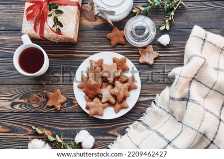 Sweet cookies. Christmas background with holiday decoration.