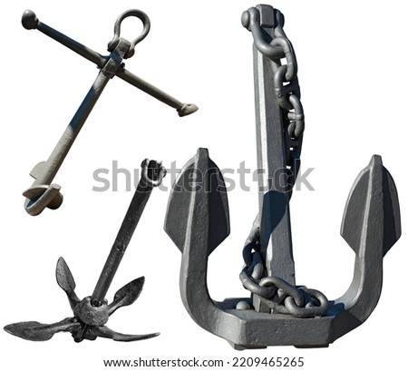 Three old anchors (folding grapnel anchor), isolated on white background, photography.