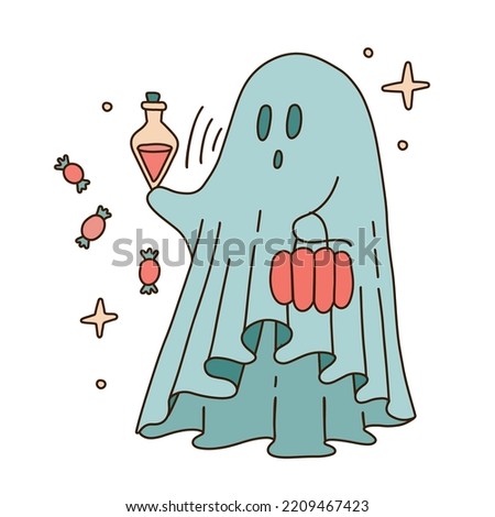 Retro 70s 60s Hippie Groovy Halloween Ghost collecting candies. The white sheet spook is holding a vial of potion. Linear boho aesthetic hand drawn vector illustration.