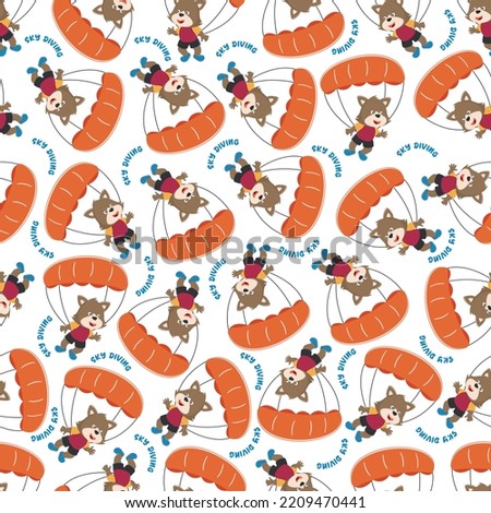 Seamless vector pattern of a cute fox flying with a parachute. Design concept for kids textile print, nursery wallpaper, wrapping paper. Cute funny background.