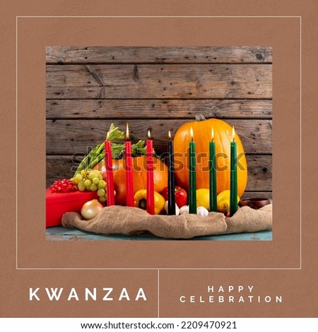 Composition of kwanzaa celebration text and kwanzaa candles and pumpkins. Celebration of african american culture and tradition concept digitally generated image.