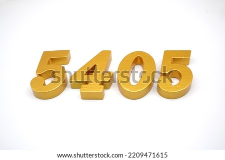    Number 5405 is made of gold-painted teak, 1 centimeter thick, placed on a white background to visualize it in 3D.                                