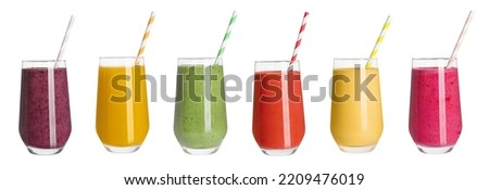 Set with different tasty smoothies on white background. Banner design Royalty-Free Stock Photo #2209476019