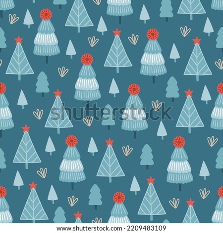 Christmas seamless pattern with fir trees and stars on blue background. Perfect for winter greeting card, New Year decoration, wallpaper, wrapping paper, fabric. Vector illustration