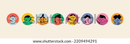 Portraits of diverse young people. Cute funny characters. Trendy modern art. Cartoon, minimal, abstract contemporary style. Round avatar, icon, logo templates. Hand drawn Vector isolated illustrations Royalty-Free Stock Photo #2209494291