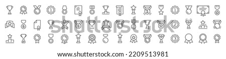 Winning icon set. Winers icon collection. Set of Winner medal. Trophy cup, Medal, Winner prize icon. Champion win trophy and medal with 1st sign. Vector illustration. Royalty-Free Stock Photo #2209513981