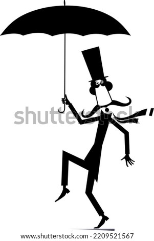 Illustration of the man in the top hat with umbrella. Black and white