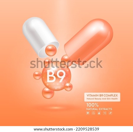 Vitamin B9 orange capsule. Treatment with vitamins complex collagen skincare beauty. Health supplement anti aging. Cosmetic beauty product design. 3D Realistic on pink background. Vector EPS10. Royalty-Free Stock Photo #2209528539