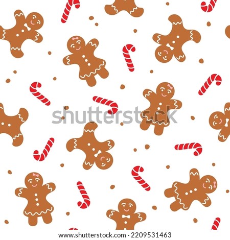 Christmas seamless pattern with gingerbread man and woman and candy canes on white background. Winter holiday theme. Vector illustration in flat style.