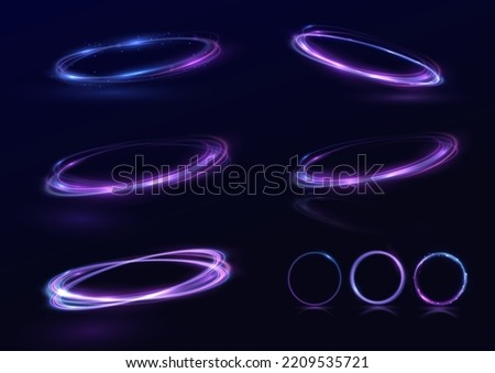 Neon swirl. Curve blue line light effect. Abstract ring background with glowing swirling background. Energy flow tunnel. Blue portal, platform. Magic circle vector. Luminous spiral. round frame with l