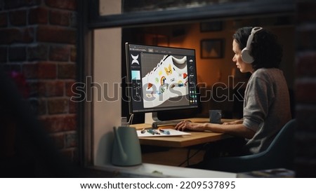 View From Outside The Window in the Apartment: Female Footwear Designer Creating and Rendering 3d Model of Shoe and Working on Powerful Desktop Computer. Shoe Production Procedure Concept.
