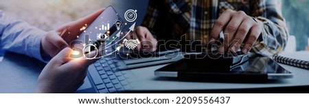 Man using mobile online banking and make payment, Business people using mobile phone with credit card, Mobile banking network, online payment, digital marketing, business technology.