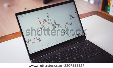 a screen of a notebook showing the chart or graph of a stock market of which price is currently indecisive or unpredictable  Royalty-Free Stock Photo #2209558829