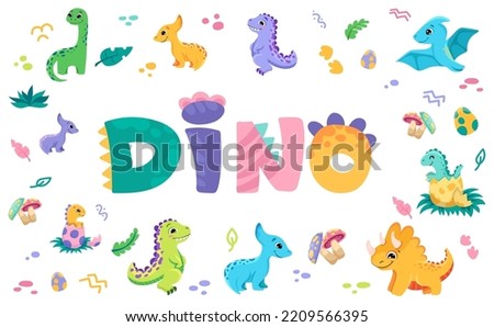 Dino or dinosaur lettering. Cute childish sign for birthday greeting card, baby shower invitation, posters. Vector cartoon illustration.