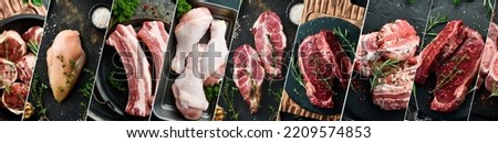 Background: meat and steak. Set of different types of meat. Photo collage. Royalty-Free Stock Photo #2209574853
