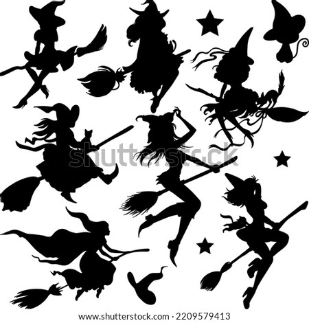 Collection of halloween silhouettes character., witch for halloween decorations, silhouettes, sketch, sticker. Hand drawn vector illustration - Vector