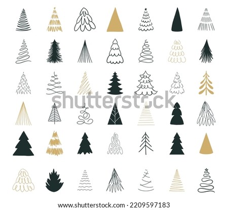 Hand drawn set of Christmas line art trees. New Year illustration. Abstract doodle drawing woods. Merry Christmas vector