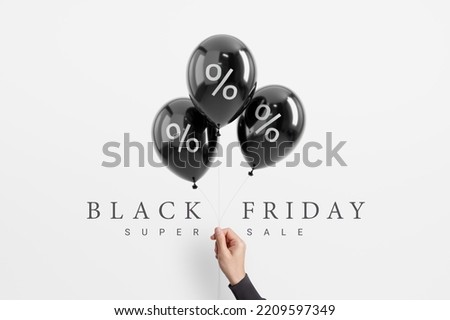 Black Friday sale with percent in black glossy balloon minimal on white background, minimalist poster, 3d rendering Royalty-Free Stock Photo #2209597349