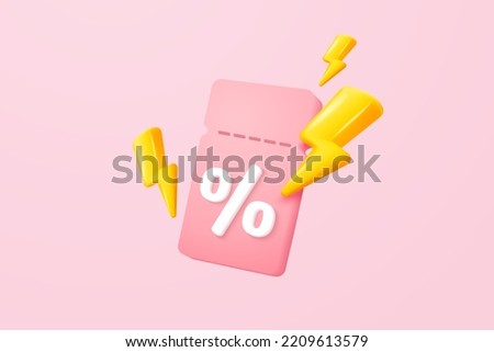 3D thunder bolt icons with coupon for sales and shopping online, discount coupon of cash. flash lightning on time alert notice special offer promotion. 3d price tags icon vector render illustration