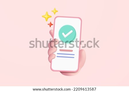 3d check mark icon isolated on mobile phone in holding hand. 3d check list button best choice for right, success, tick, accept, approve, agree on application. 3d mark icon vector render illustration Royalty-Free Stock Photo #2209613587
