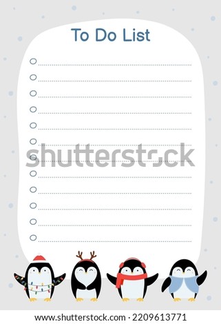 Template for To Do List with cute penguins. Hand drawn animals with accessories. Vector illustration