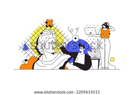 Designer agency web concept in flat outline design with characters. Man and woman working on art project, creating artworks and content. Imagination and inspiration people scene. Vector illustration.