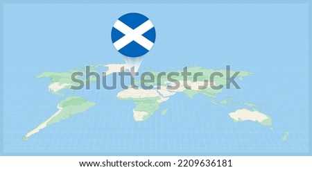 Location of Scotland on the world map, marked with Scotland flag pin. Cartographic vector illustration. Royalty-Free Stock Photo #2209636181