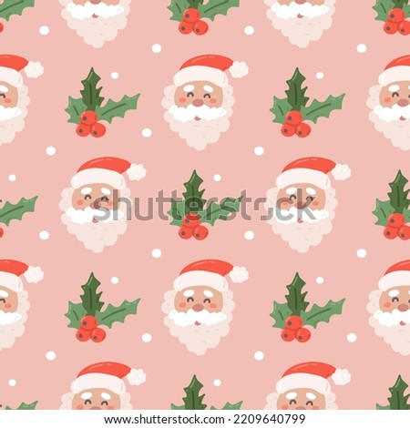 Cheerful Santa face with holly on pink background with snowflakes, vector seamless Christmas pattern.