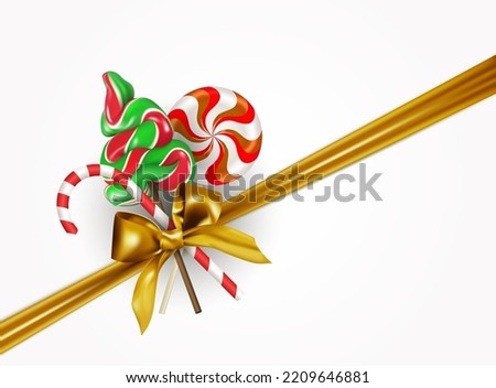 Set of sweets tied with a golden ribbon with a bow isolated on a white background. Realistic vector illustration