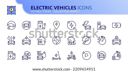 Line icons about electric vehicles. Sustainable development Contains such icons as electric car, motorbike, scooter, battery and charging station. Editable stroke Vector 256x256 pixel perfect