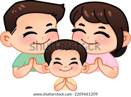 Family doing wai, Thai hands greeting