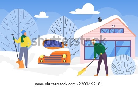 People with shovels clean city street from heavy piles of snow after snowstorm vector illustration. Cartoon male characters in hats remove stuck of snowdrifts and ice from parked car and snowy road Royalty-Free Stock Photo #2209662181