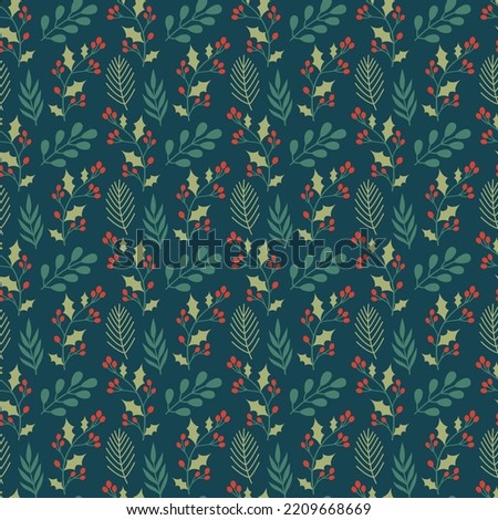Winter botanical seamless pattern. Vector flat background with winter plants, holly berry, leaves, branches for christmas greeting cards, wrapping paper, wallpaper, decorations, fabric, textile.
