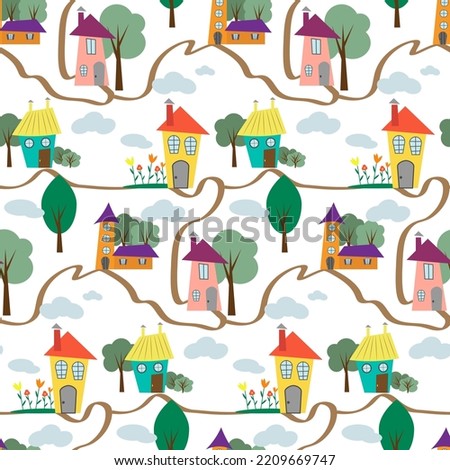 Colorful houses with trees and flowers - seamless pattern. Vector illustration. For stationery, websites and web pages, websites, prints, textiles and clothing, childrens products, home interiors.