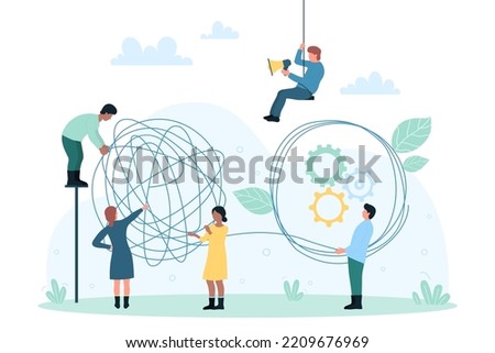 Business communication, rational thinking in problem solving vector illustration. Cartoon tiny people holding tangled chaotic tangle to untangle difficult and complicated task, chaos in thoughts Royalty-Free Stock Photo #2209676969