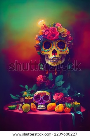 A colourful Traditional Calavera, sugar skull decorated with flowers for "dia de los muertos", "Day of the dead"