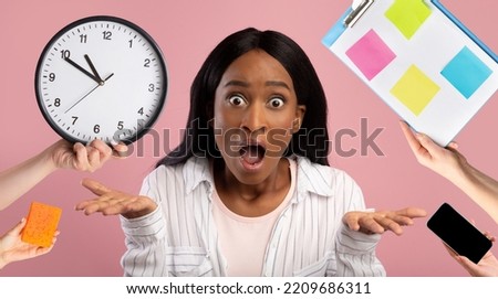 Shocked young black woman having difficulties with time management, african american looking at camera and grimacing, hands with various stuff around, pink background, collage, multitasking concept