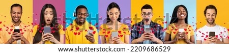 Collection of studio photos of happy attractive young multicultural people men and women chatting with lovers over colorful backgrounds, using cell phones with flying hearts, collage, web-banner