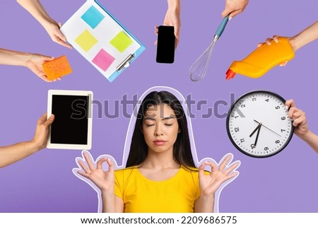 Peaceful young chinese woman with closed eyes holding hands in zen gesture, meditating over purple background, multitasking, efficiency and time management concept, collage Royalty-Free Stock Photo #2209686575