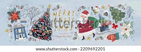 Merry Christmas and Happy New Year. Vector illustrations of Christmas tree, Santa Claus, tree, house and other objects